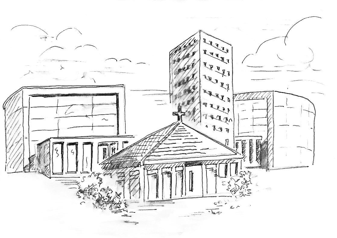 Zeichnung von Martin Bolz zeigt die evangelische Emmaus-Kirche, die lutherische St. Markus-Kirche und die römisch-katholische St. Edith-Stein-Kirche